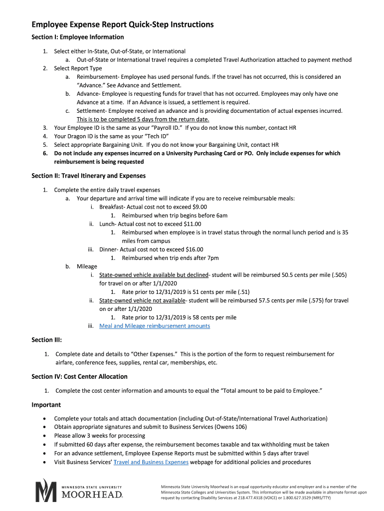 Employee Expense Report - Minnesota State University Preview on Page 1