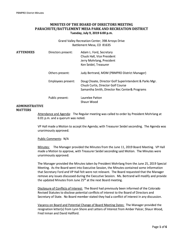 Fillable Online Parachute Battlement Mesa Parks and Recreation District