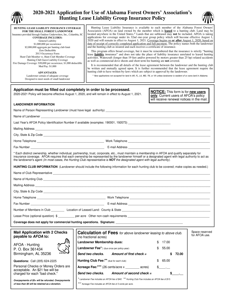 AL Hunting Lease Liability Group Insurance Policy 2020