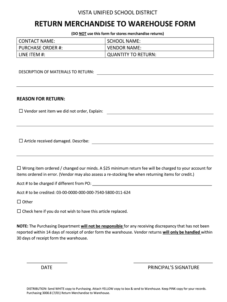 Fillable Online RETURN MERCHANDISE TO WAREHOUSE FORM Fax Email Print