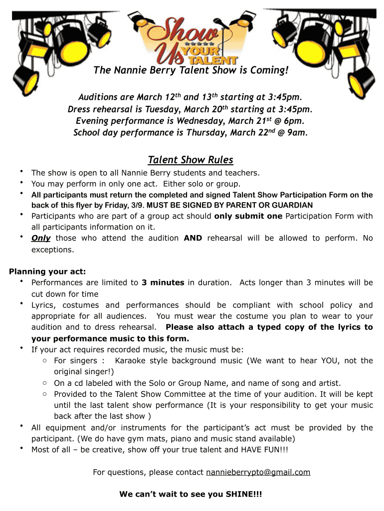 Fillable Online Talent Show Rules and regulations Fax