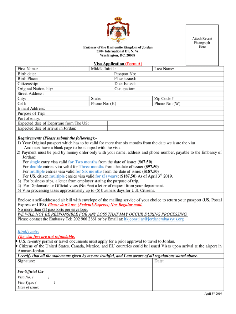 2019 2024 Embassy Of The Hashemite Kingdom Of Jordan Visa Application Form A Fill Online