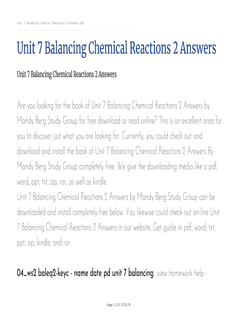 Unit 7 Balancing Chemical Reactions Worksheet 2 - Fill Online, Printable, Fillable, Blank | pdfFiller unit-7-balancing-chemical-reactions-worksheet-2-fill-online-printable-fillable-blank-pdffiller