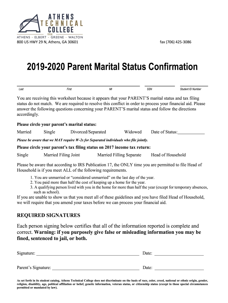 Fillable Online ATC 2019 Parent Marital Status Confirmation Form Fax