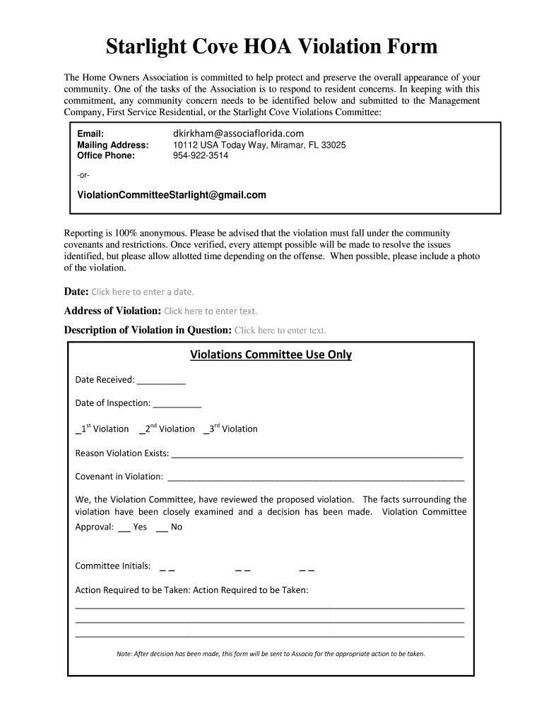 Fillable Online HOA Violations The Homeowner's Right to a Fair Due