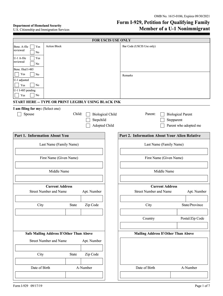 Form I-929 Petition for Qualifying FamilyMember of a U-1 Nonimmigrant Preview on Page 1