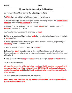 Bill Nye Color And Light Worksheet - Fill and Sign Printable Template Online