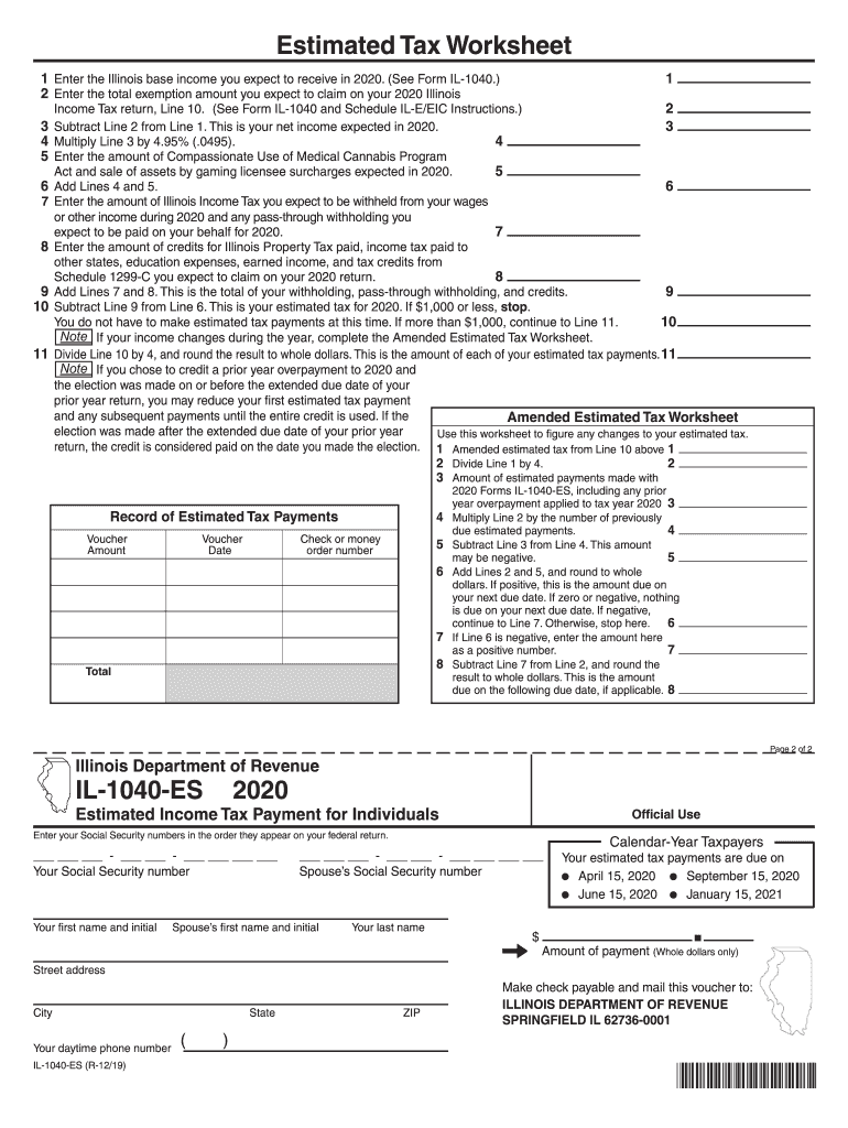 2020 IL-1040-ES, Estimated Income Tax Payments for Individuals Preview on Page 1