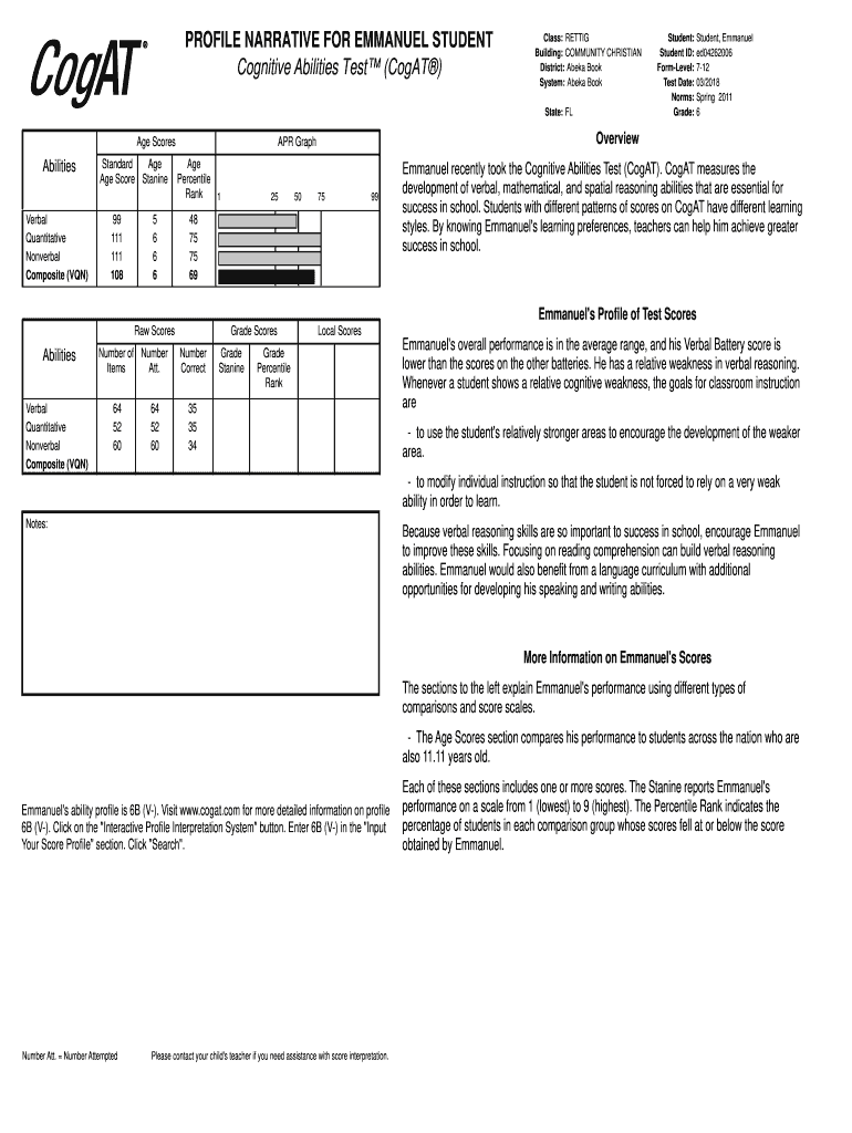 Fillable Online Sample Report Cognitive Abilities Test Form 7. Sample ...