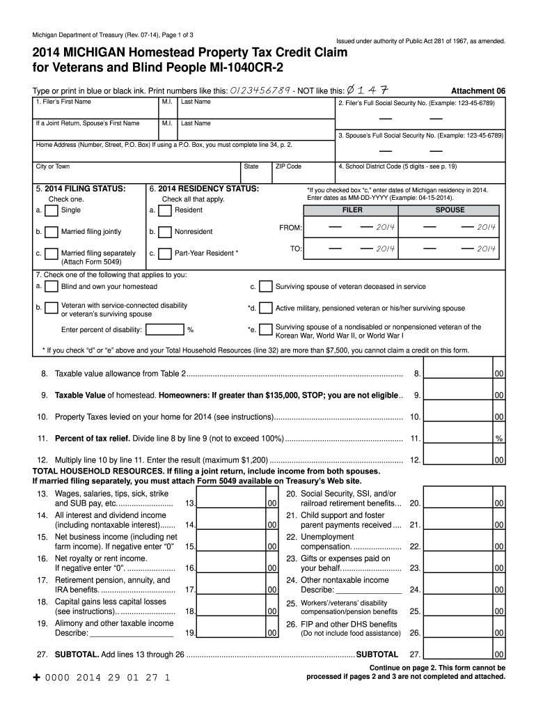 Fillable Online 2014 Michigan Homestead Property Tax Credit Claim for