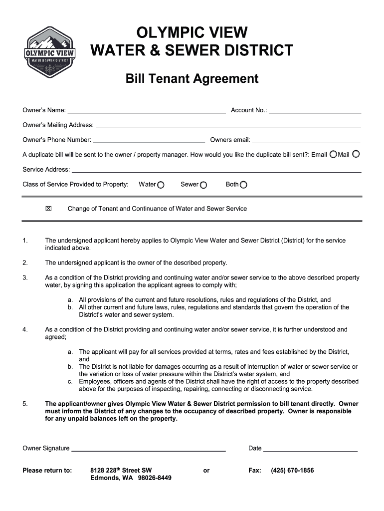 Fillable Online Tenant Agreement - Olympic View Water and Sewer