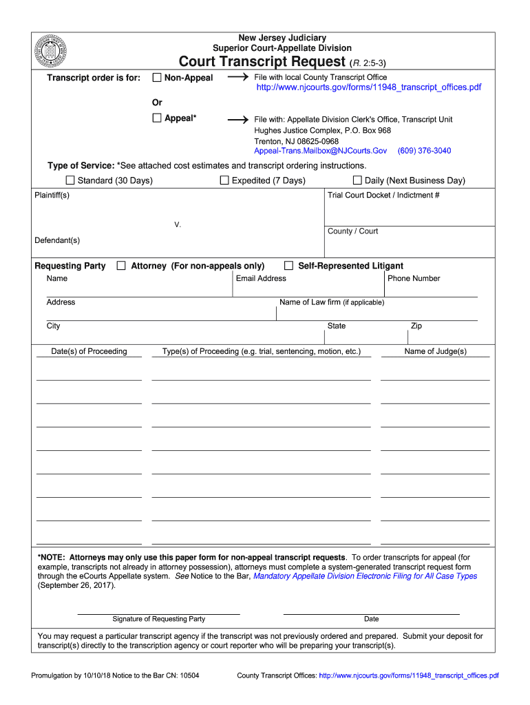 Fillable Online NoticeRevised Transcript Request Process - NJ Courts ...