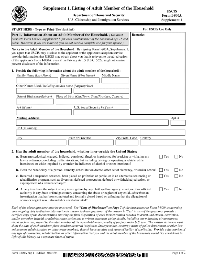 Form I-800A, Supplement 1, Listing of Adult Member of the Household Preview on Page 1