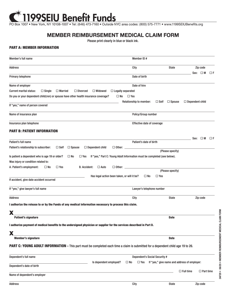 Fillable Online Member Reimbursement Medical Claim Form1199SEIU Funds