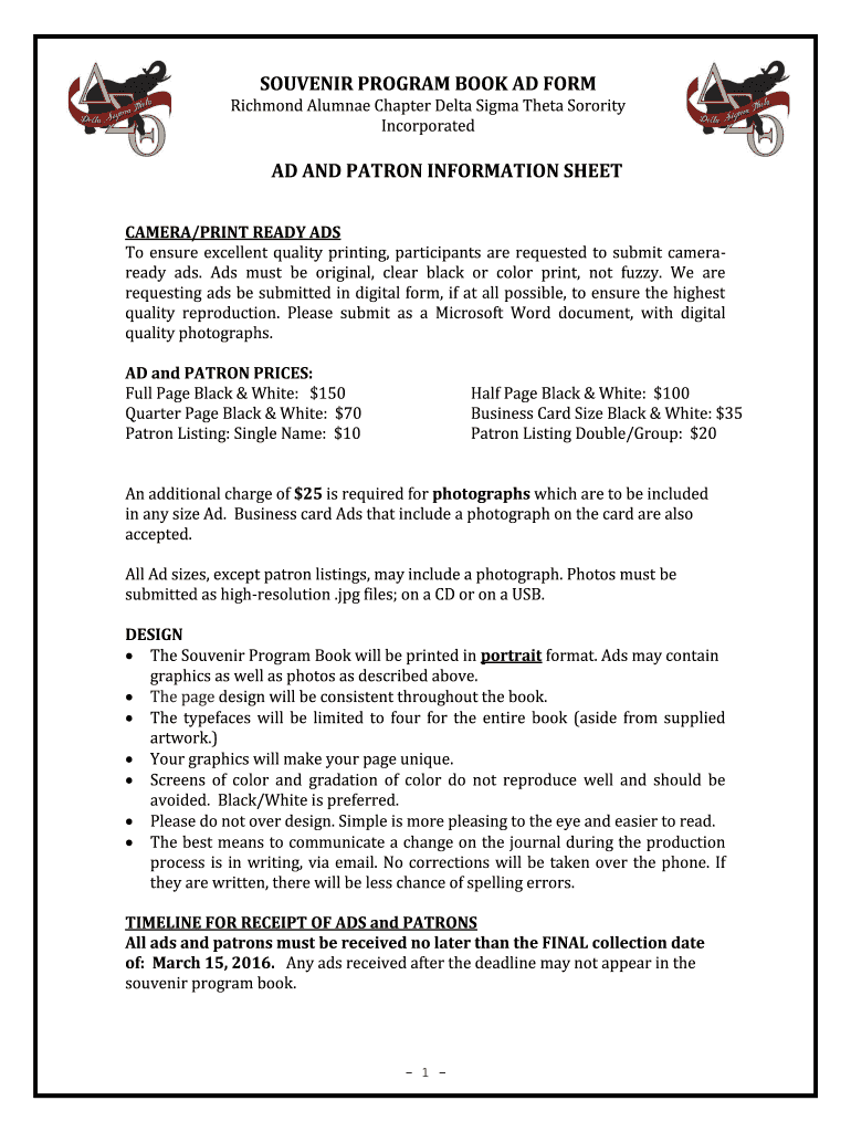 Fillable Online SOUVENIR PROGRAM BOOK AD FORM AD AND PATRON Fax Email