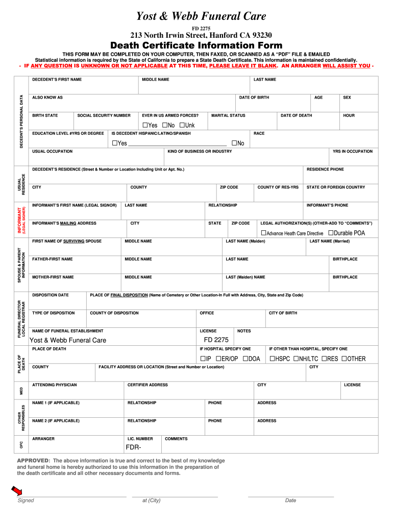 Fillable Online b Sanders & Smith Funeral HomeLindsay CA funeral