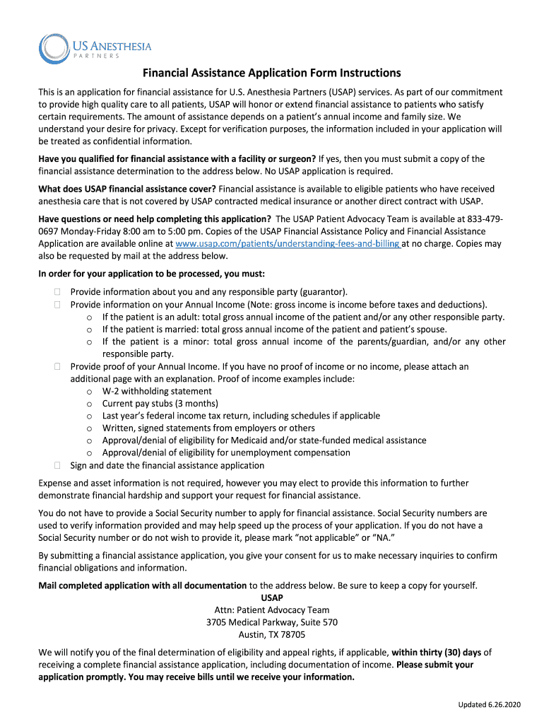 Fillable Online Financial Assistance Application Form Instructions