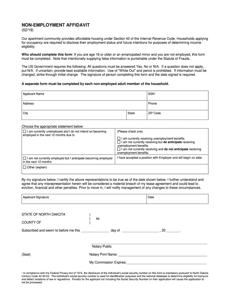 PDF NON-EMPLOYMENT AFFIDAVIT - North Dakota Housing Finance Preview on Page 1