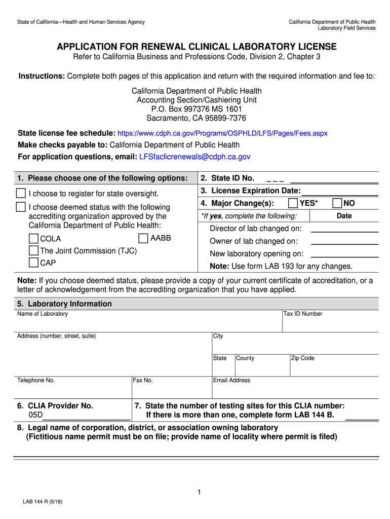 Fillable Online Application for Renewal Clinical Laboratory License Fax