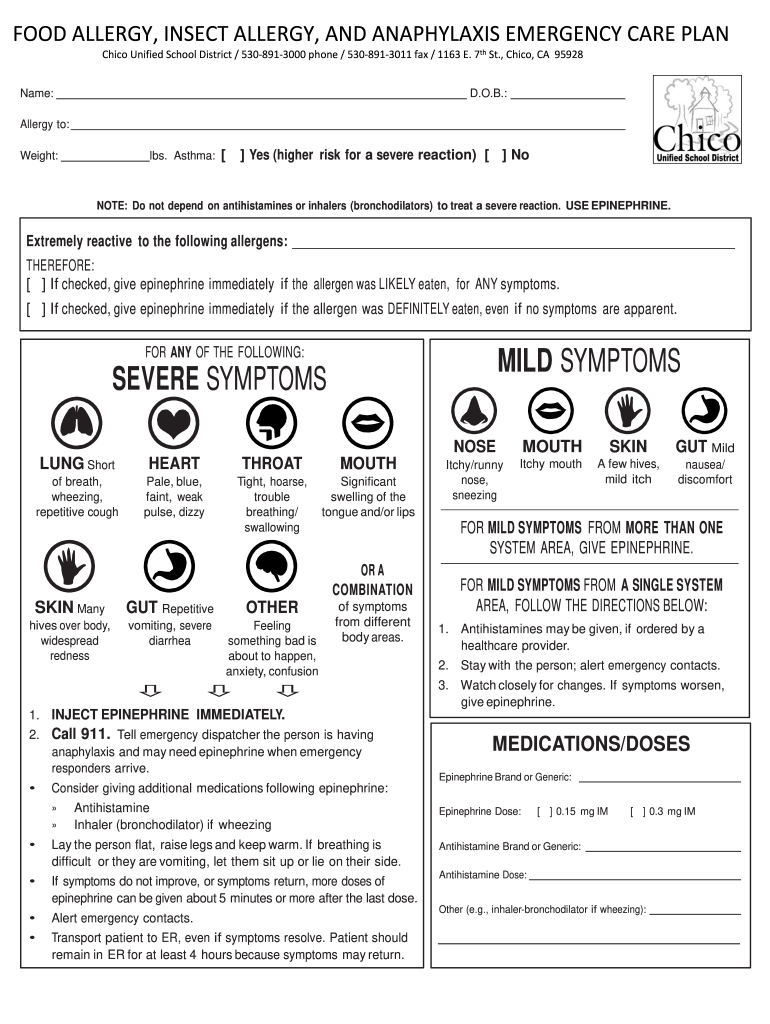 FOOD ALLERGY, INSECT ALLERGY, AND ANAPHYLAXIS EMERGENCY CARE PLAN Preview on Page 1