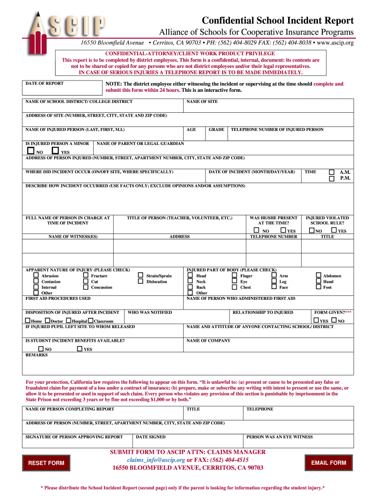 2019 ca ascip confidential incident form Preview on Page 1.