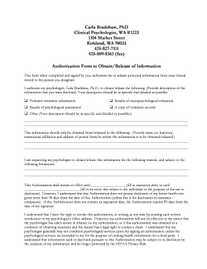 Authorization Form to Obtain/Release of Information