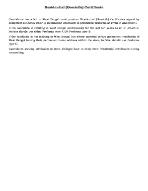 West Bengal Residential Domicile Certificate