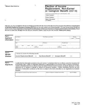 Election of Income Replacement, Non-Earner or Caregiver Benefit (OCF-10)