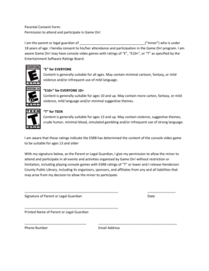 Parental Consent Form for Game On! Program