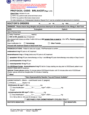 BC Cancer Agency Chemotherapy Order Form