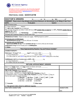 BC Cancer Agency Chemotherapy Order Form