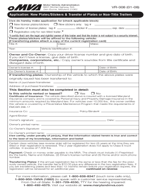 Maryland New Plates/Stickers & Transfer of Plates Application