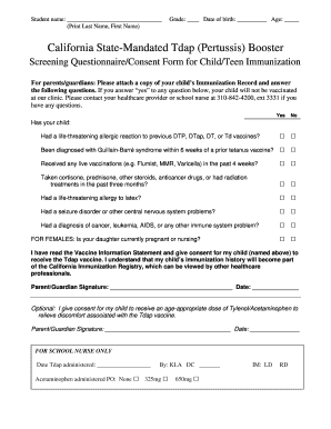 Immunization card - tdap consent form pdf