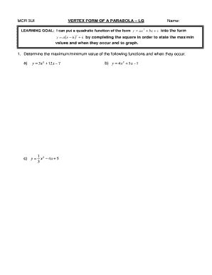 Vertex Form of a Parabola Worksheet