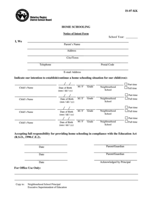 Home Schooling Notice of Intent Form