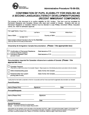 Confirmation of Pupil Eligibility for ESL Funding