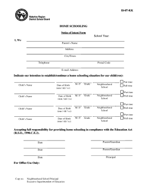 Ontario Home Schooling Notice of Intent Form