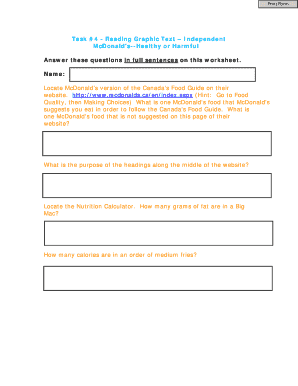 McDonald's Food Guide Worksheet