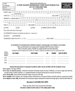 UC Irvine Voluntary Undergraduate Student Health Insurance Enrollment Form