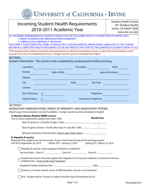 UCI Incoming Student Health Requirements Form