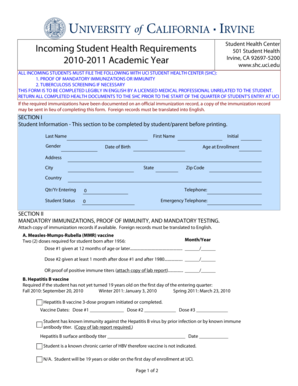 UCI Student Health Requirements Form