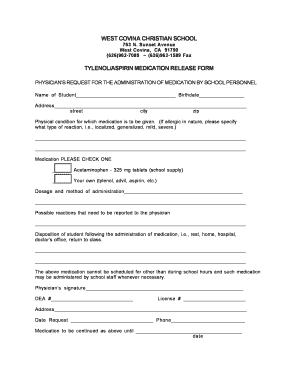 Tylenol Aspirin Medication Release Form
