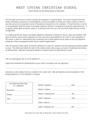 Parent Release for the Administration of Medication