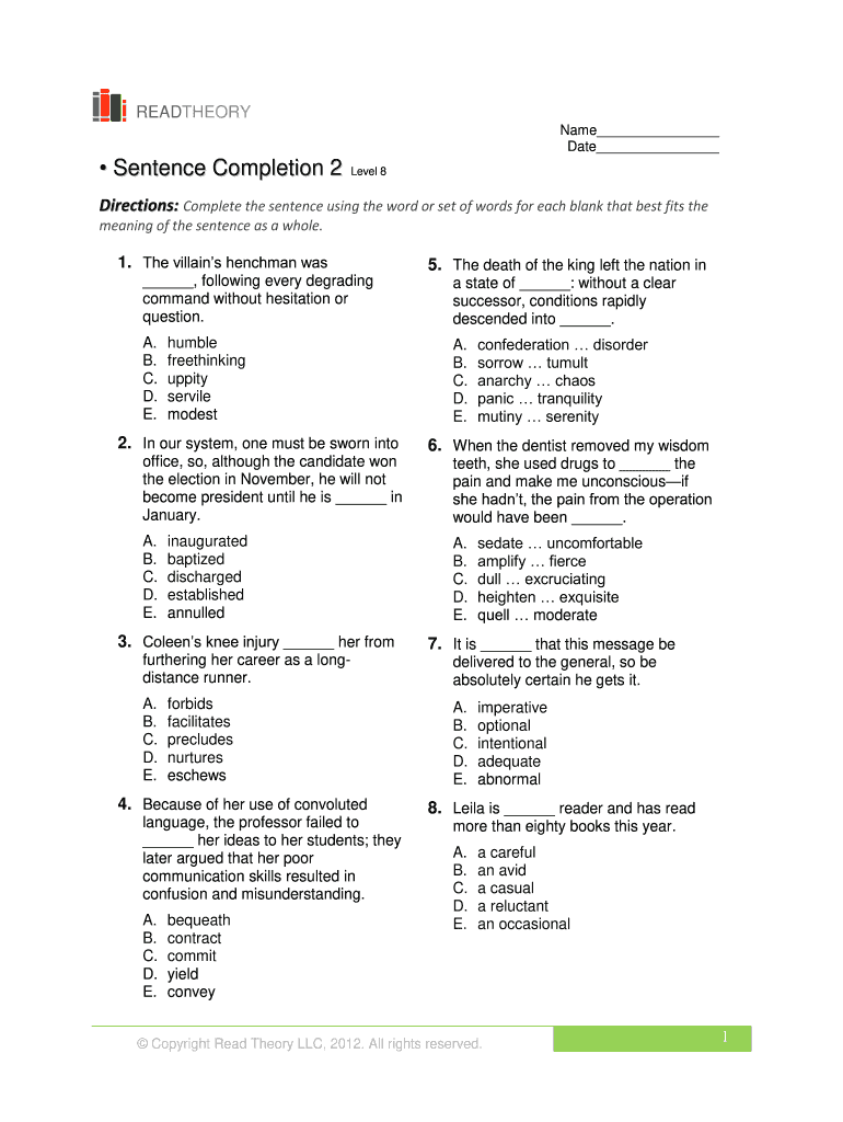 Sentence Completion 1 Answer Key Fill Online Printable Fillable