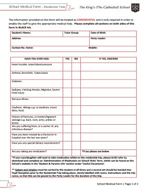 School Medical Form - Residential Visits