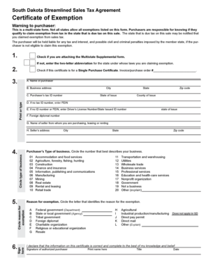 South Dakota Streamlined Sales Tax Agreement Certificate of Exemption
