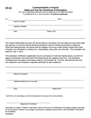 Virginia Multi-Fuel Heating Stove Exemption Certificate