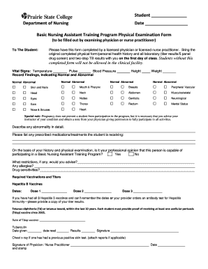 Basic Nursing Assistant Training Program Physical Examination Form