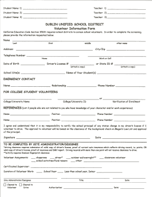 Dublin Unified School District Volunteer Information Form