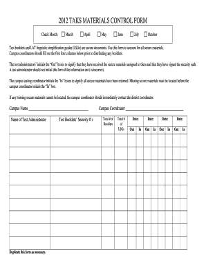 2012 TAKS Materials Control Form